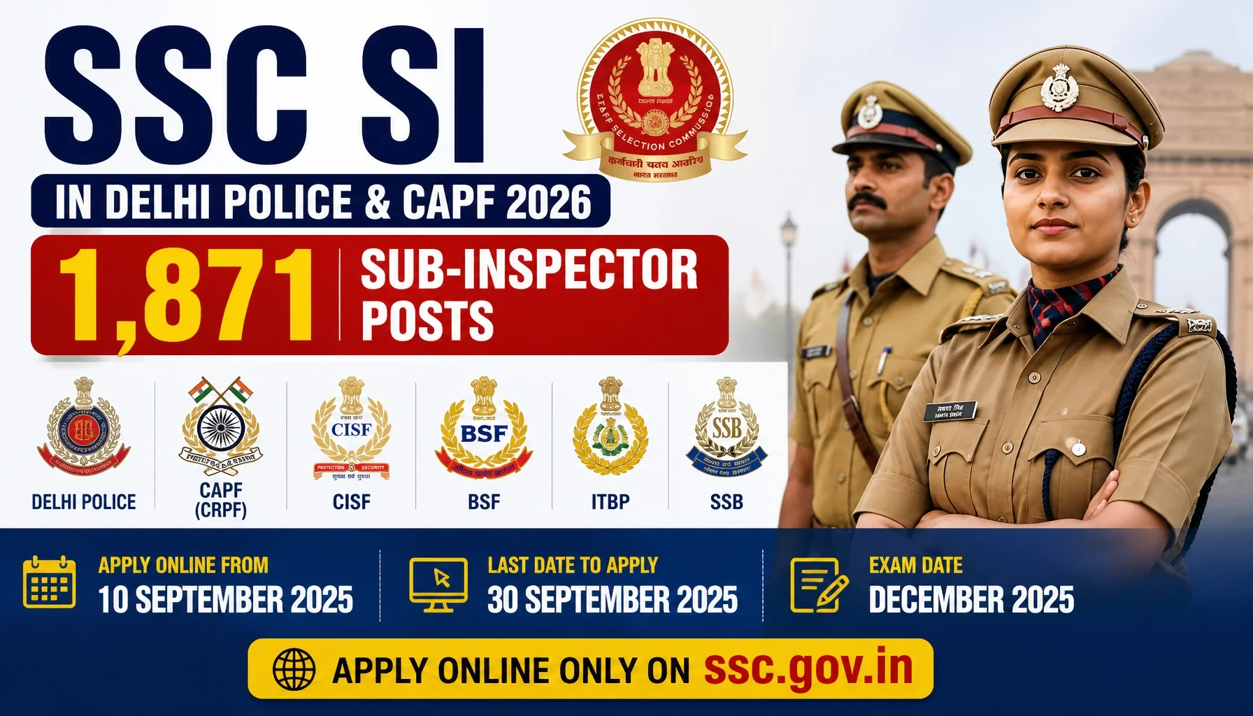 SSC CPO SI in Delhi Police & CAPF 2026: 1,871 Sub-Inspector Posts, Apply Online from 10 September