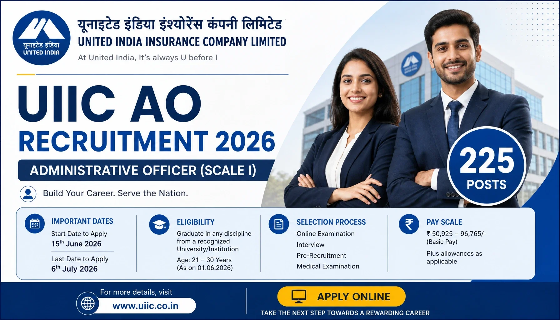 UIIC AO Recruitment 2026: Apply Online for 225 Administrative Officer (Scale I) Posts
